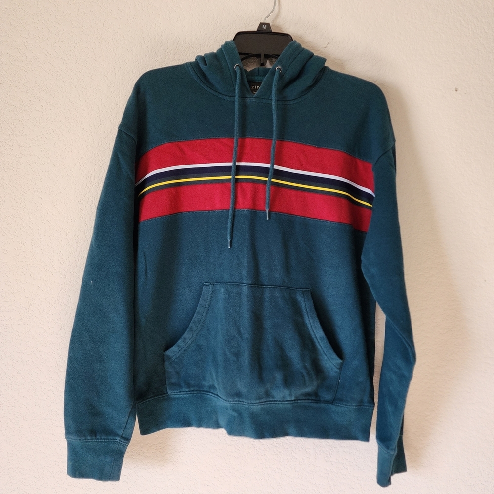 Zine Clothing Green Hoodie with Multicolor Stripes Size Small